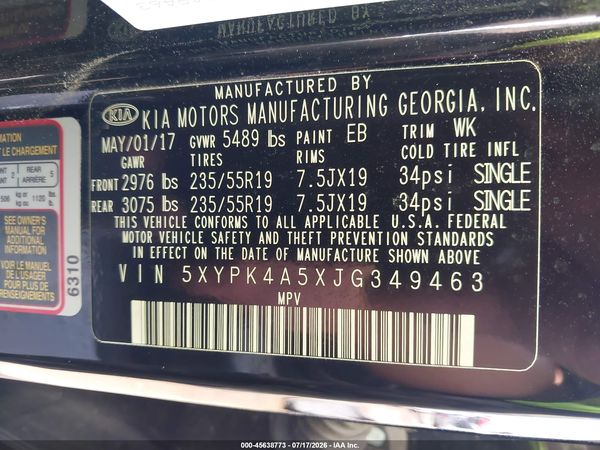 2018 KIA SORENTO 3.3L SXL