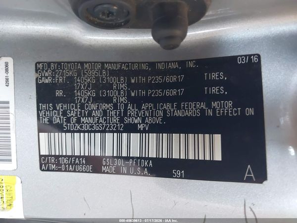 2016 TOYOTA SIENNA L 7 PASSENGER