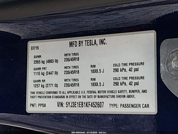 2019 TESLA MODEL 3 LONG RANGE/PERFORMANCE