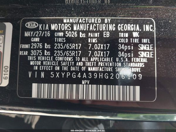2017 KIA SORENTO 2.4L LX