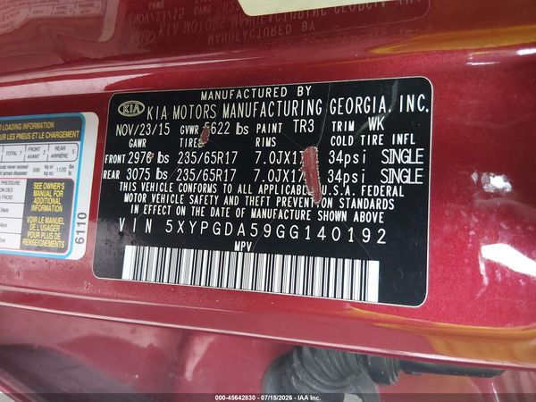 2016 KIA SORENTO 3.3L LX