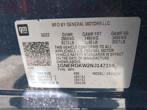 2022 CHEVROLET TRAVERSE FWD LT CLOTH — I9