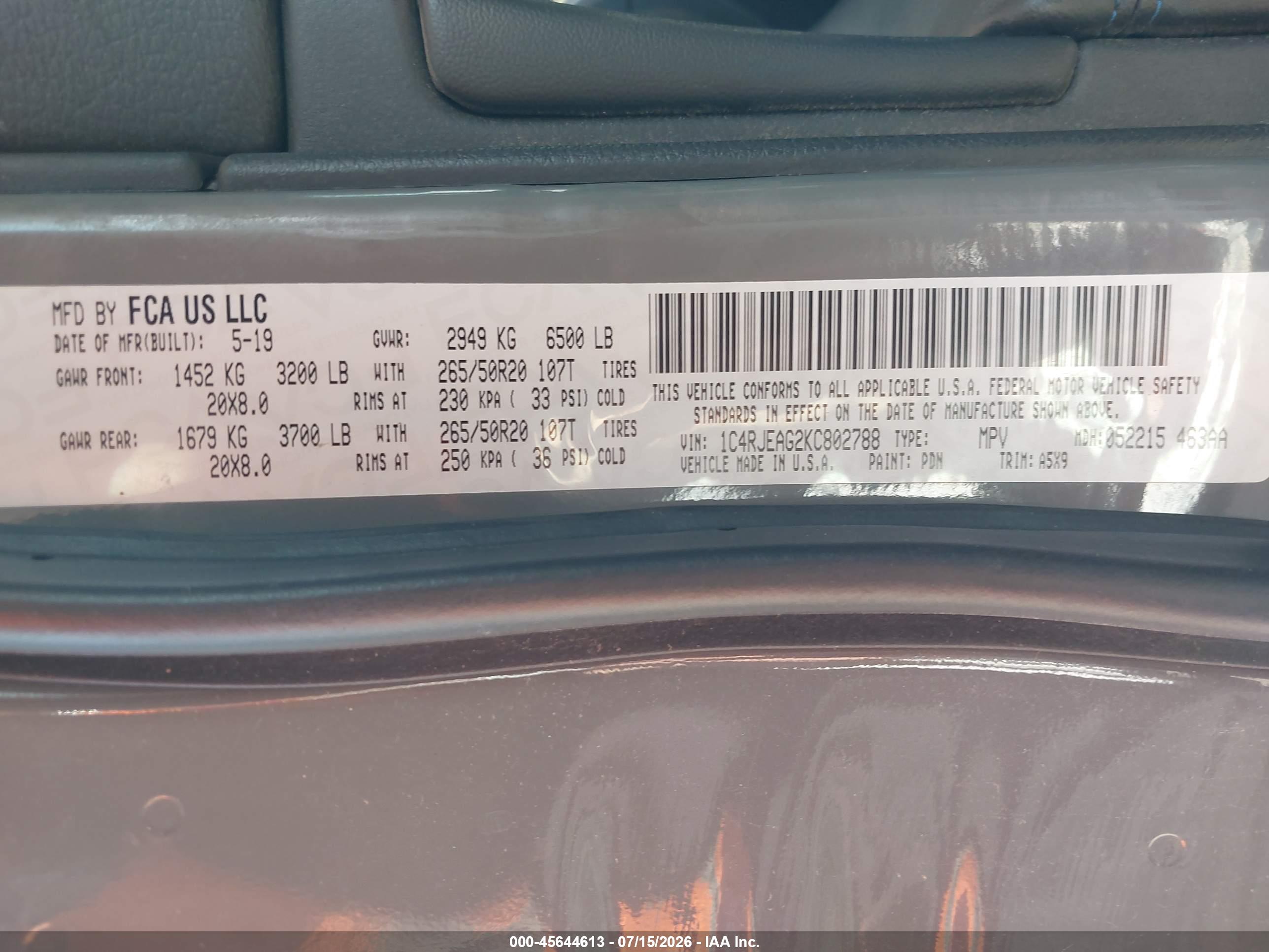 2019 JEEP GRAND CHEROKEE UPLAND 4X2
