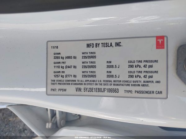2018 TESLA MODEL 3 LONG RANGE/PERFORMANCE