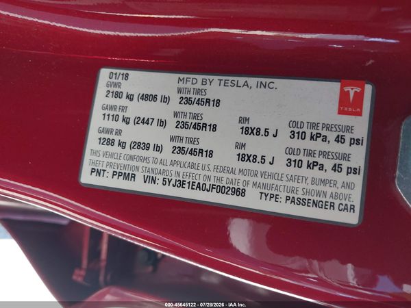 2018 TESLA MODEL 3 LONG RANGE/MID RANGE