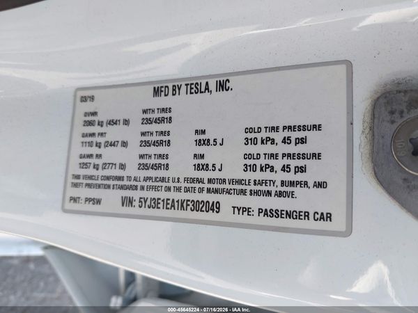 2019 TESLA MODEL 3