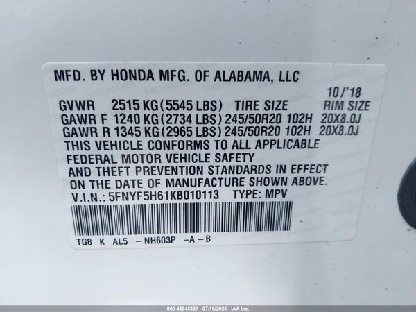 2019 HONDA PILOT TOURING