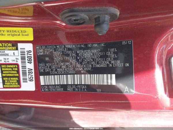 2012 TOYOTA SIENNA XLE V6 8 PASSENGER