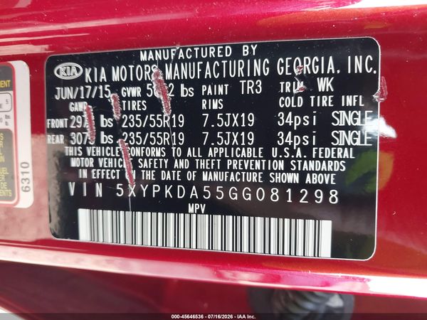 2016 KIA SORENTO 3.3L SX