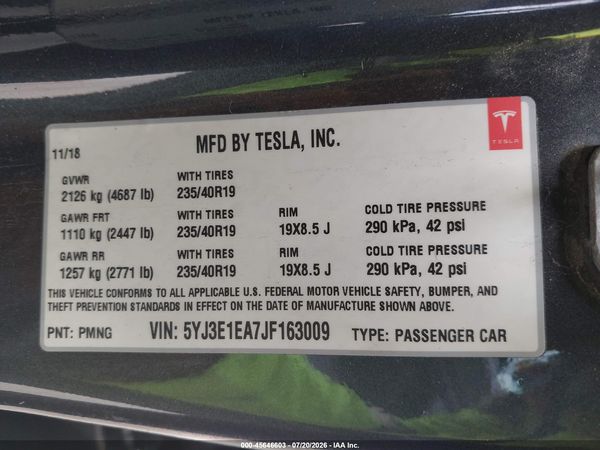 2018 TESLA MODEL 3 LONG RANGE/MID RANGE