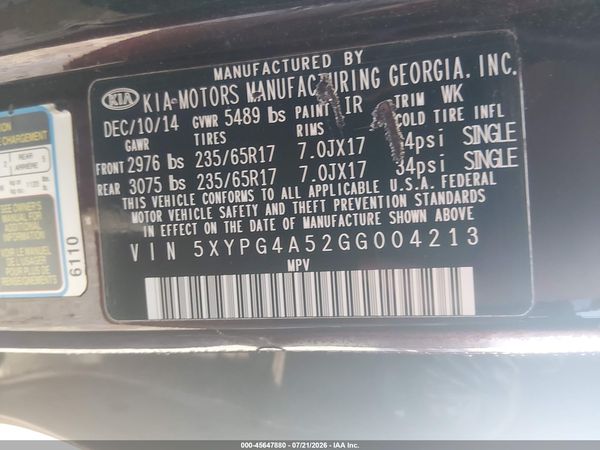 2016 KIA SORENTO 3.3L LX