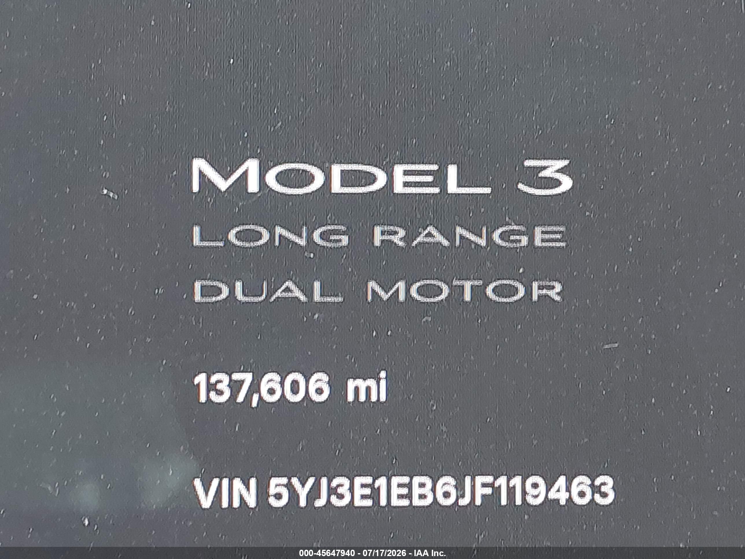 2018 TESLA MODEL 3 LONG RANGE/PERFORMANCE