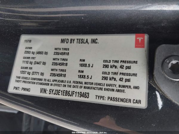 2018 TESLA MODEL 3 LONG RANGE/PERFORMANCE