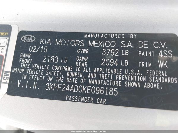 2019 KIA FORTE LXS