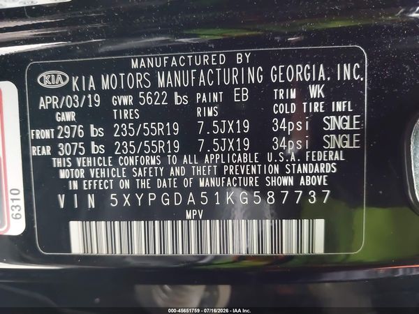 2019 KIA SORENTO 3.3L S
