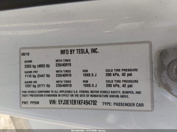 2019 TESLA MODEL 3 LONG RANGE/PERFORMANCE