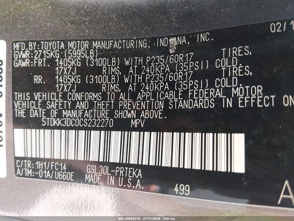2012 TOYOTA SIENNA LE V6 8 PASSENGER