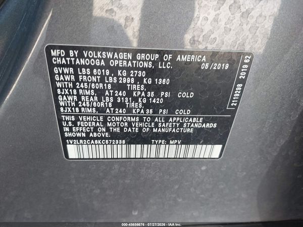 2019 VOLKSWAGEN ATLAS 3.6L V6 SE — I9