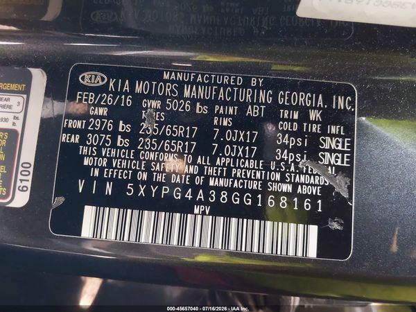 2016 KIA SORENTO 2.4L LX