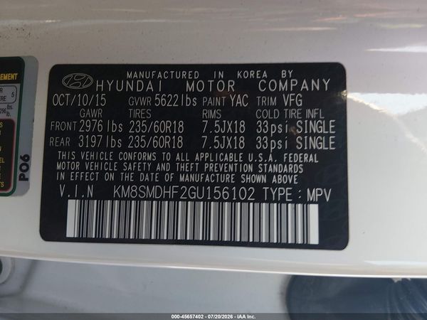 2016 HYUNDAI SANTA FE SE