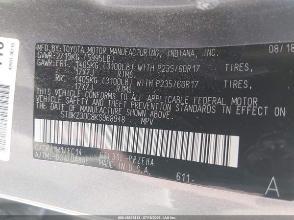 2019 TOYOTA SIENNA LE 8 PASSENGER