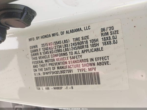 2020 HONDA PILOT 2WD EX