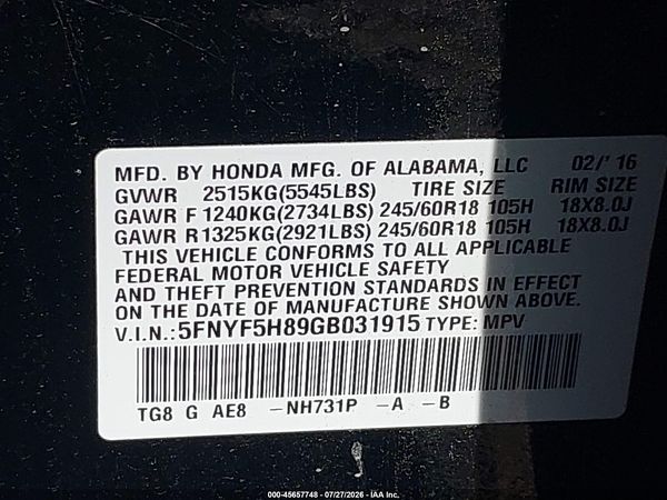 2016 HONDA PILOT EX-L