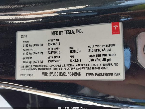 2018 TESLA MODEL 3 LONG RANGE/MID RANGE