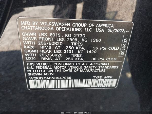 2022 VOLKSWAGEN ATLAS 3.6L V6 SE W/TECHNOLOGY — I9