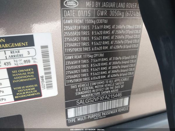 2015 LAND ROVER RANGE ROVER 3.0L V6 SUPERCHARGED HSE