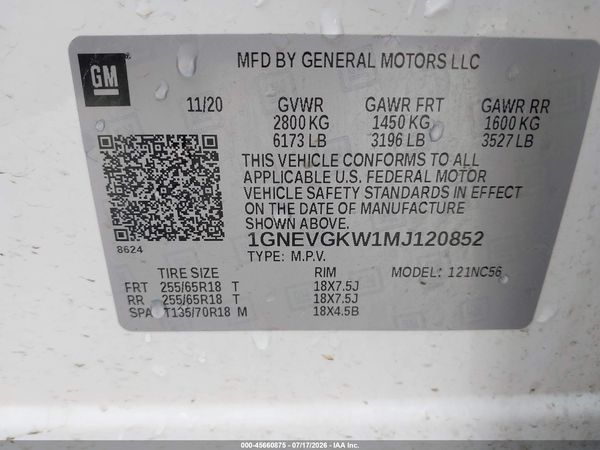 2021 CHEVROLET TRAVERSE AWD LT CLOTH — I9