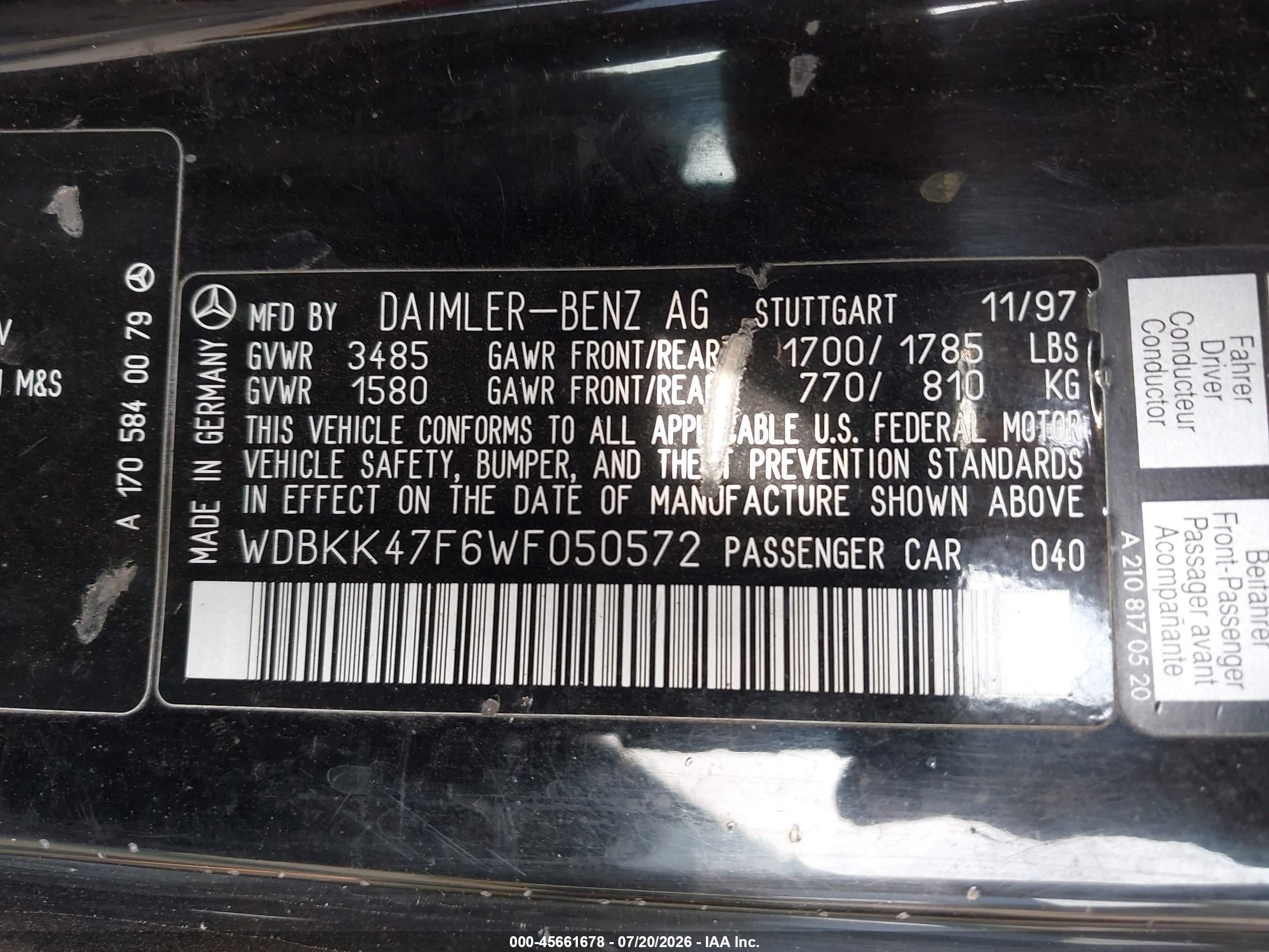 1998 MERCEDES-BENZ SLK 230 SLK230