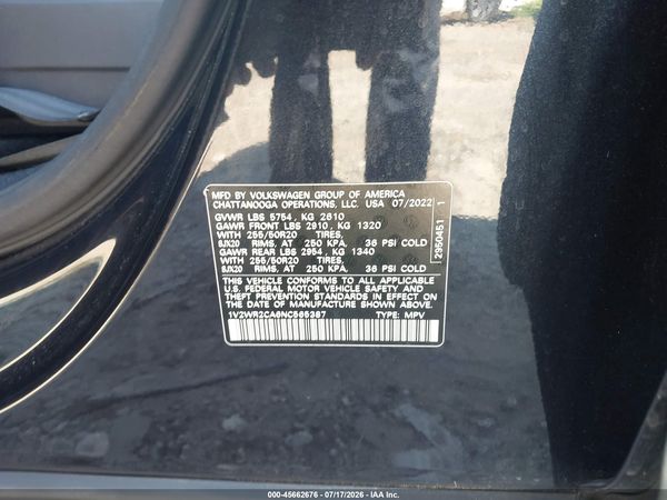 2022 VOLKSWAGEN ATLAS 3.6L V6 SE W/TECHNOLOGY — I9