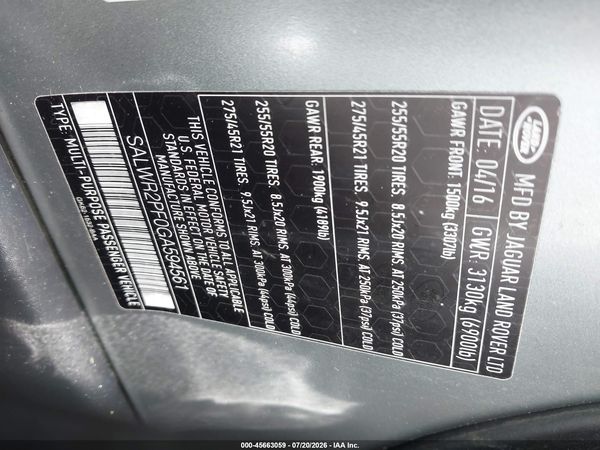 2016 LAND ROVER RANGE ROVER SPORT 3.0L V6 SUPERCHARGED HSE