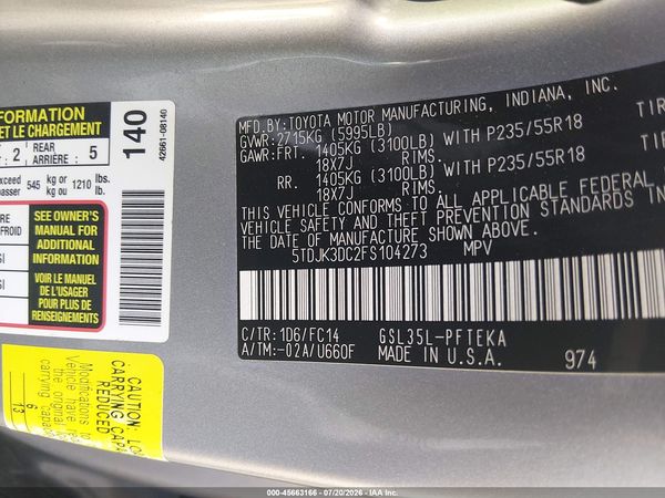 2015 TOYOTA SIENNA LE 7 PASSENGER