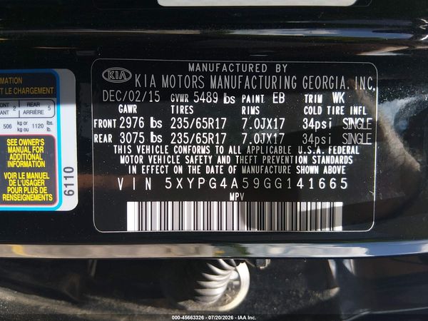 2016 KIA SORENTO 3.3L LX