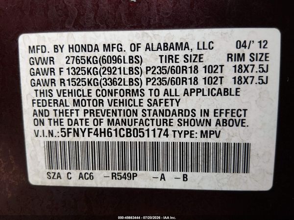 2012 HONDA PILOT EX-L