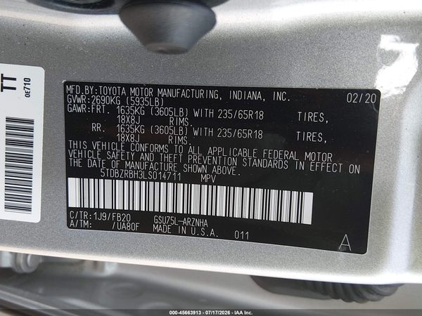 2020 TOYOTA HIGHLANDER LE