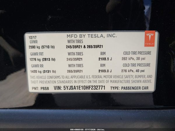 2017 TESLA MODEL S 60/75