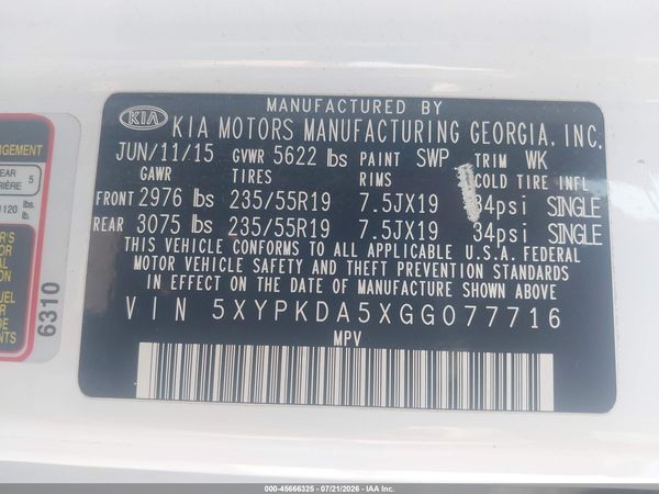 2016 KIA SORENTO 3.3L SXL