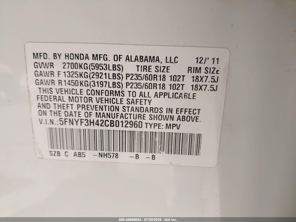 2012 HONDA PILOT EX