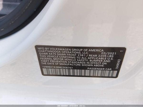 2021 VOLKSWAGEN PASSAT 2.0T R-LINE — I9