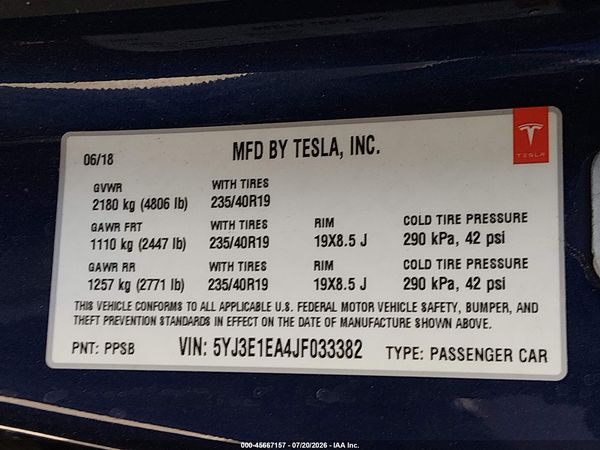 2018 TESLA MODEL 3 LONG RANGE/MID RANGE