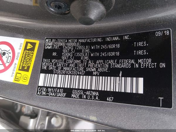 2019 TOYOTA HIGHLANDER LE PLUS