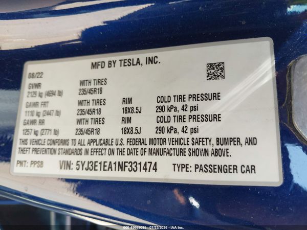 2022 TESLA MODEL 3 REAR-WHEEL DRIVE