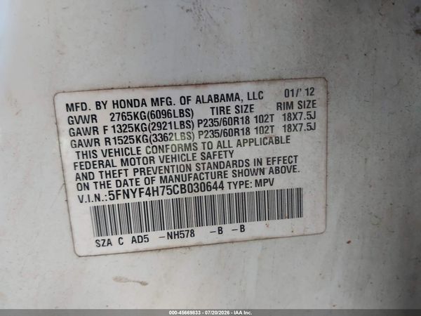 2012 HONDA PILOT EX-L