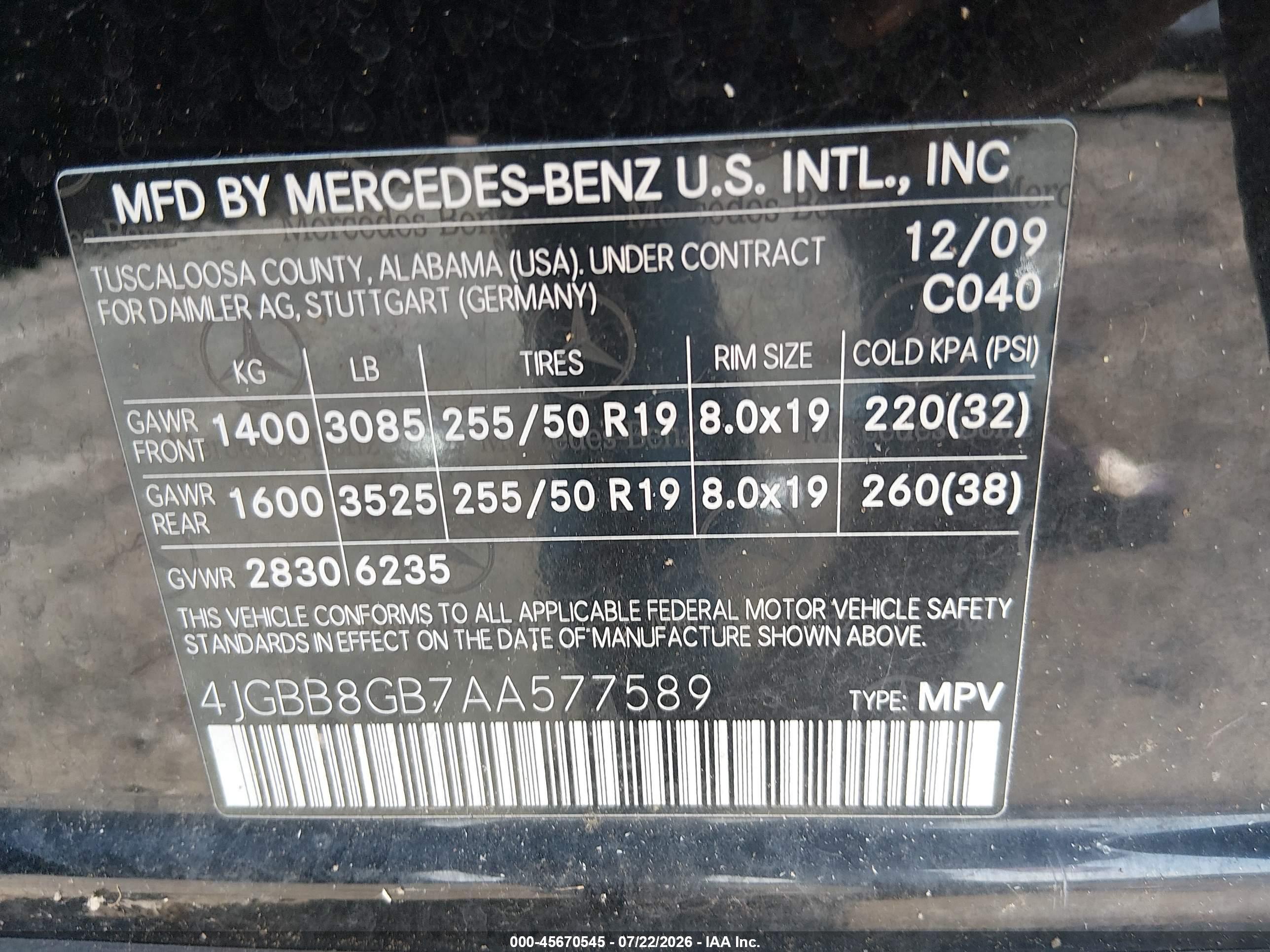2010 MERCEDES-BENZ ML 350 ML350 4-MATIC