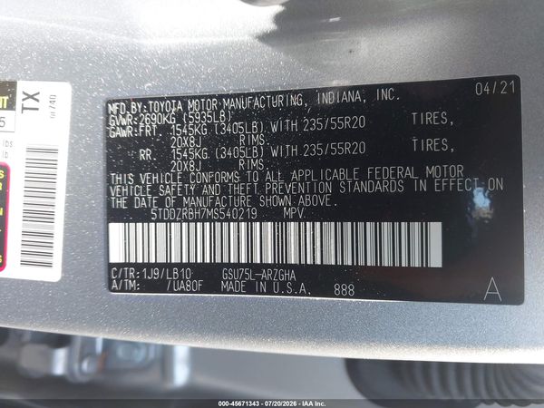 2021 TOYOTA HIGHLANDER LIMITED
