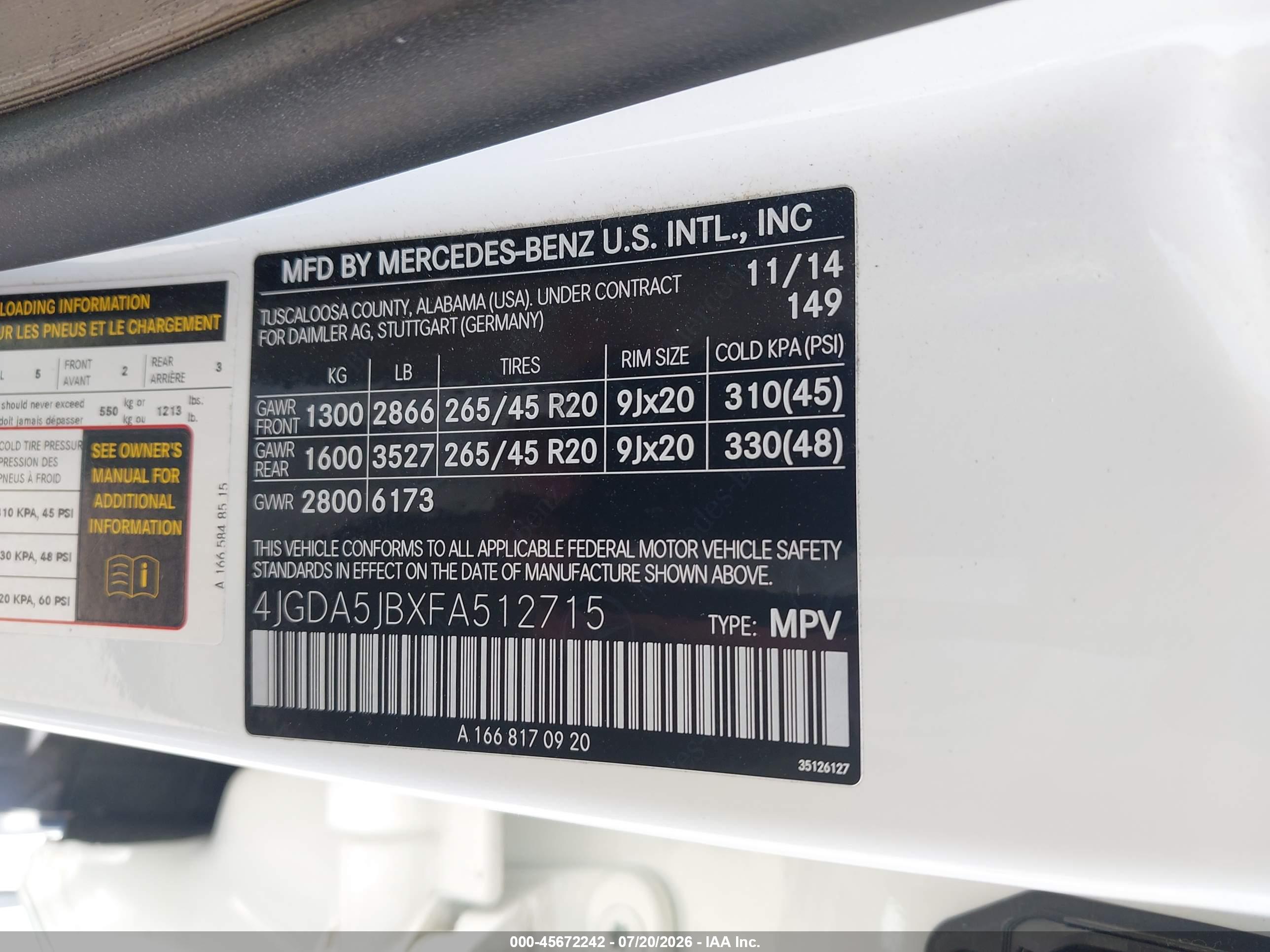 2015 MERCEDES-BENZ ML 350 ML350