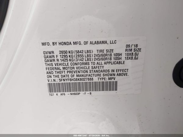 2019 HONDA PILOT EX